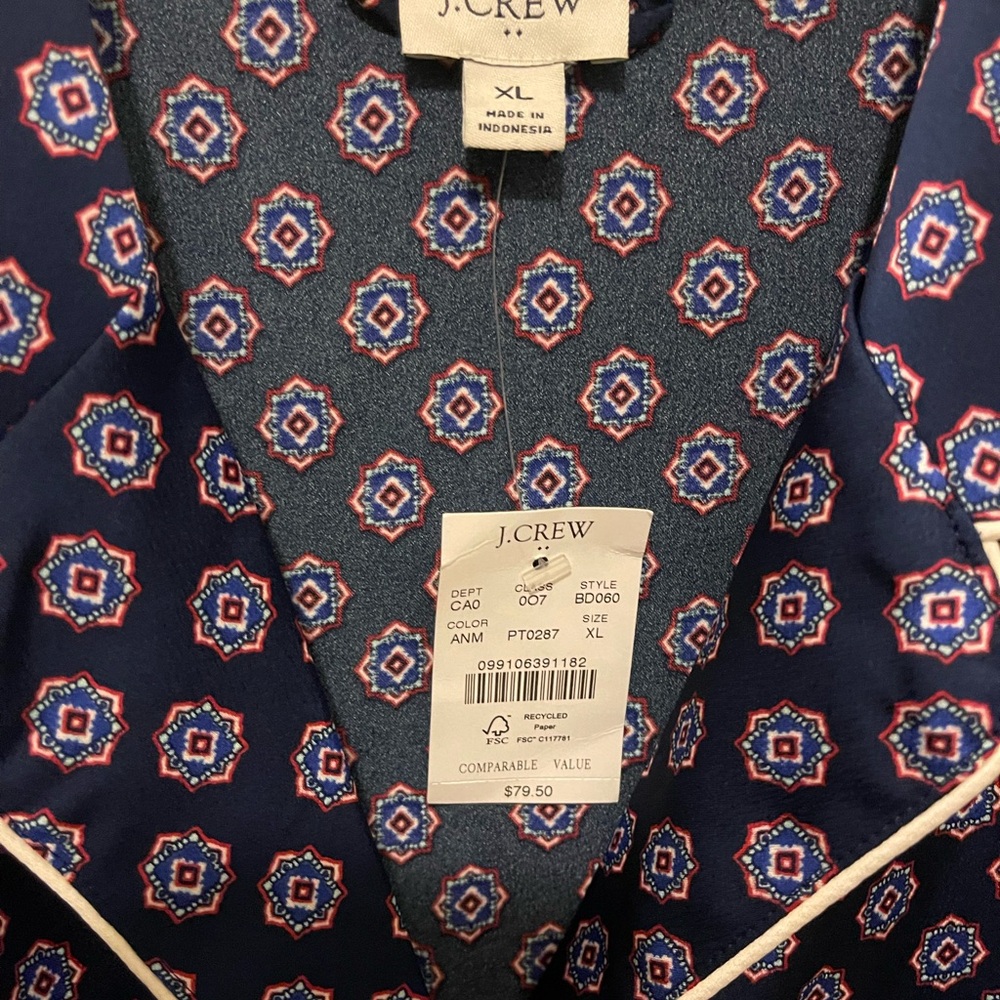 J. Crew NWT BLOUSE- Geometric Navy and Red Pajama Style Top Blouse - Picture 3 of 5